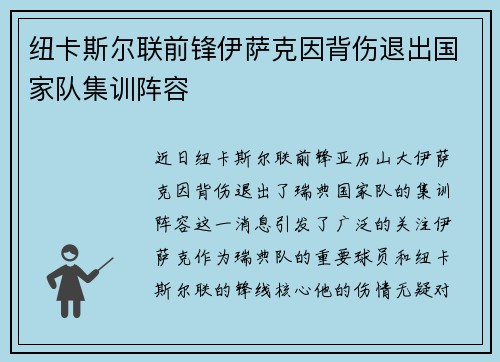 纽卡斯尔联前锋伊萨克因背伤退出国家队集训阵容