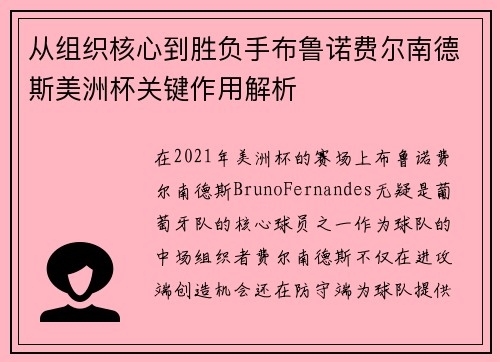 从组织核心到胜负手布鲁诺费尔南德斯美洲杯关键作用解析