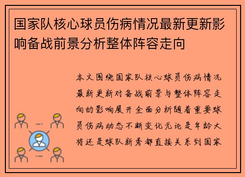 国家队核心球员伤病情况最新更新影响备战前景分析整体阵容走向